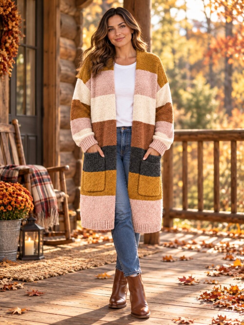 Knox Rose Striped Fuzzy Knit Open Front Long Cardigan Sweater Jacket Large L